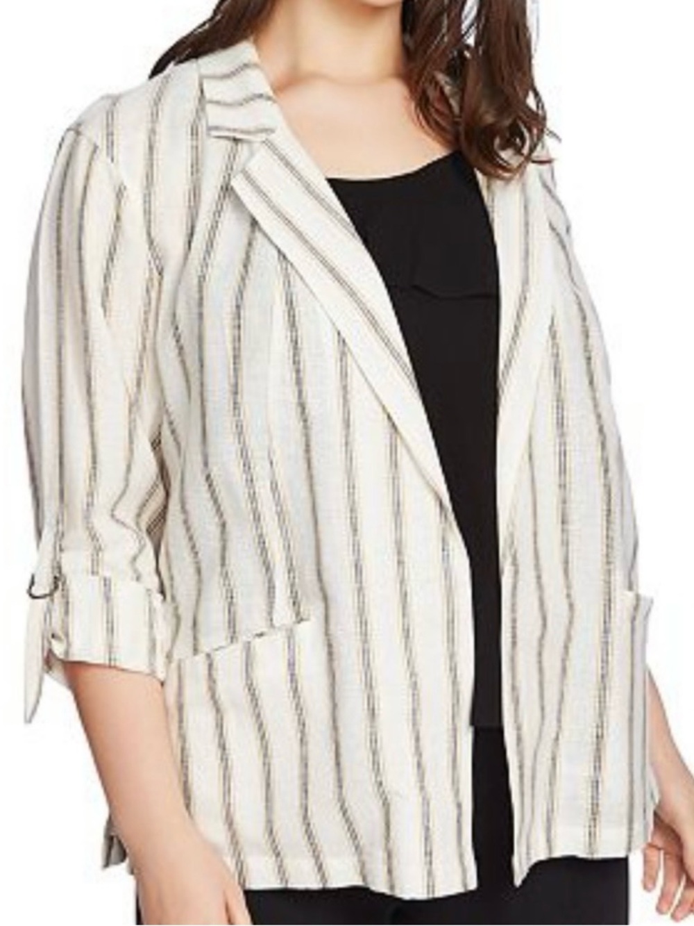 1. State Cream Open Blazer with Tan and Black Stripe Pattern
